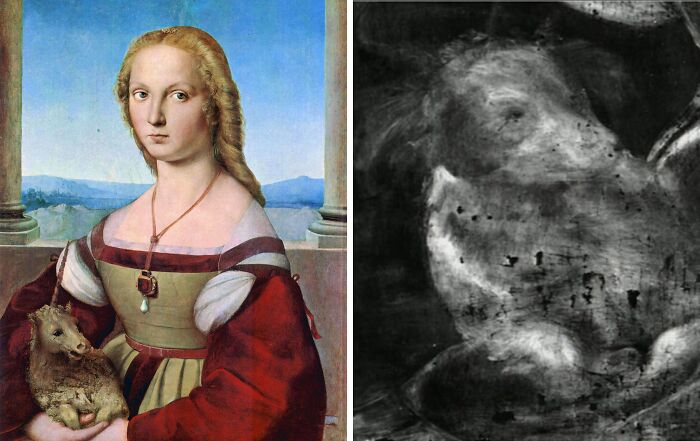 Before-and-after photos showing the restoration process of a historical painting revealing vibrant details and colors.