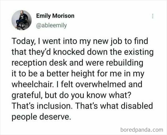 Heartwarming post about workplace inclusion and accessibility for disabled people, bringing positivity amid bad news.