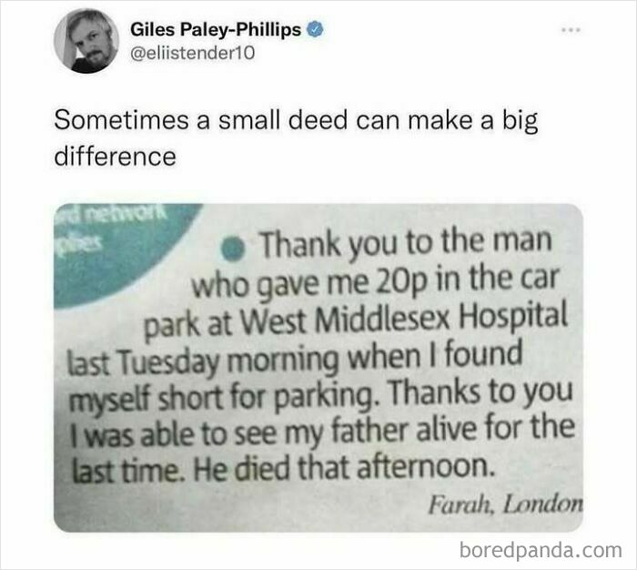 Tweet by Giles Paley-Phillips about a small deed making a big difference, a heartwarming post sharing kindness and impact.