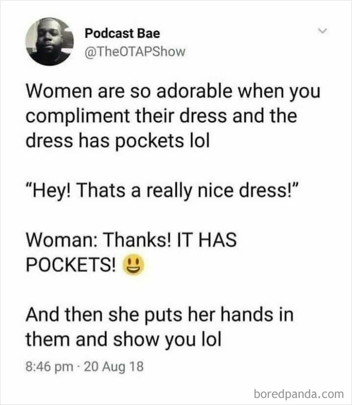 Social media post humor about women loving dresses with pockets, offering heartwarming and lighthearted content.