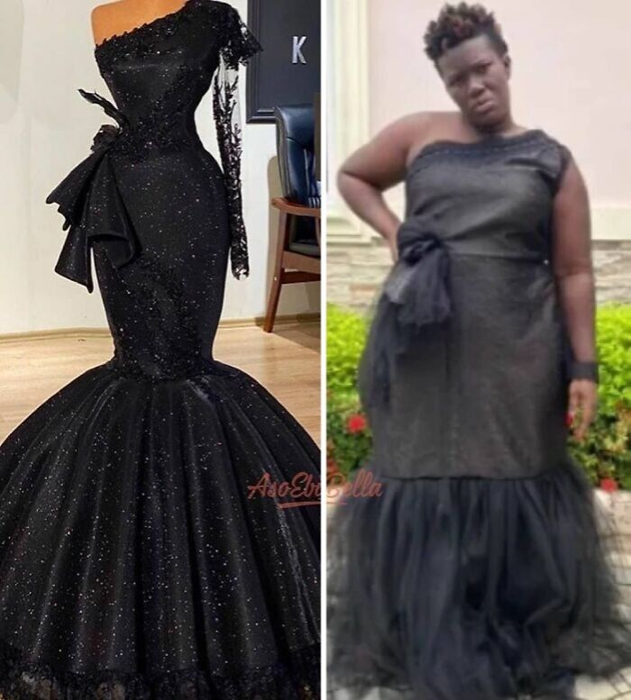 Side-by-side comparison of a glamorous black dress ordered versus a poorly fitting and different styled black dress received fail
