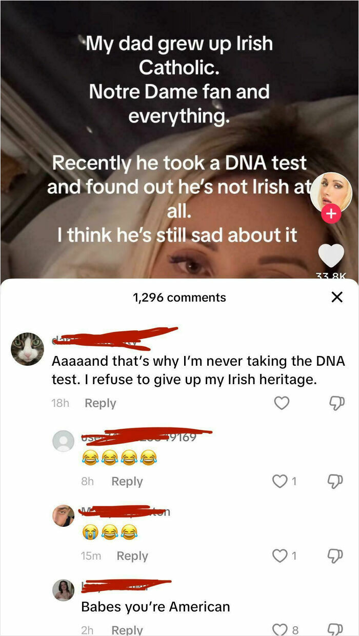 TikTok screenshot of a story about DNA test results and people being embarrassingly wrong about heritage.