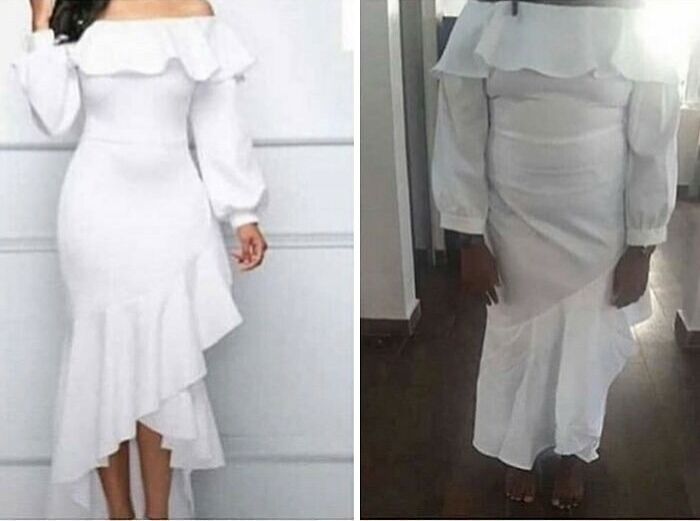 Side-by-side comparison of a white dress ordered online versus the poorly fitting dress received, showcasing funny order fails.