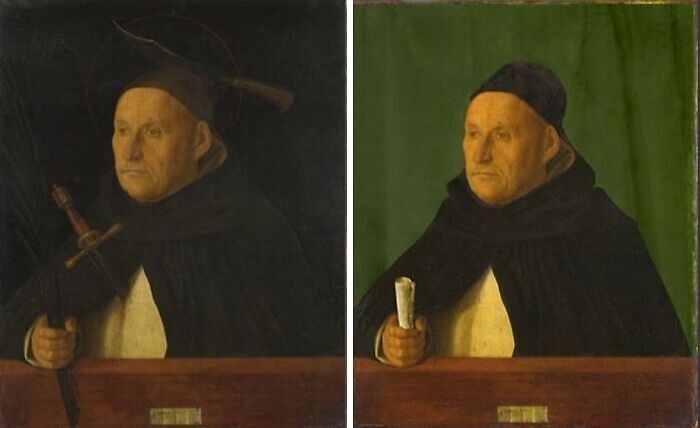 Before-and-after photos of a restored historical painting showing improved colors and details of a monk holding a scroll.