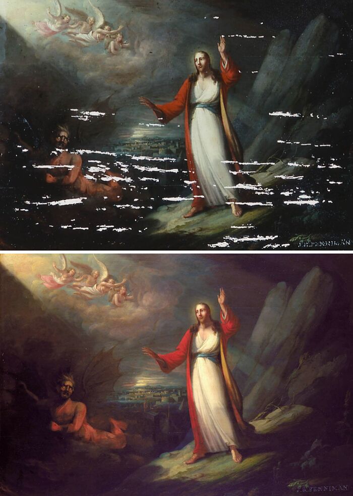 Before-and-after photos showing restored historical painting of a biblical scene with angels and a central figure in red and white robes.
