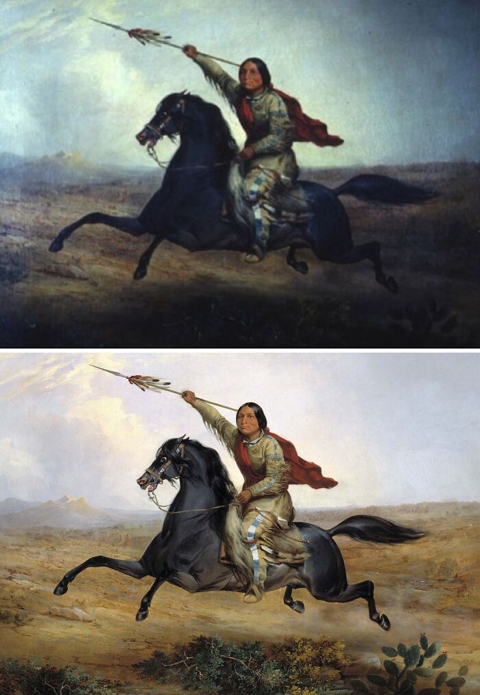 Before-and-after photos showing the restored historical painting of a Native American warrior on horseback with a spear.