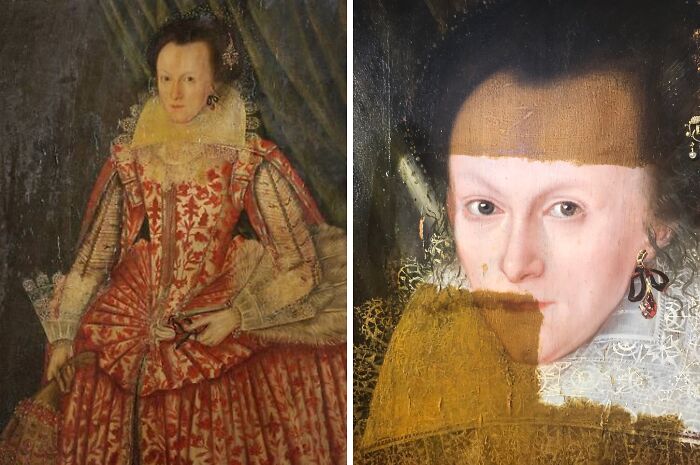 Before-and-after photos of a restored historical painting showing damage removal and color revitalization on a 16th-century portrait.