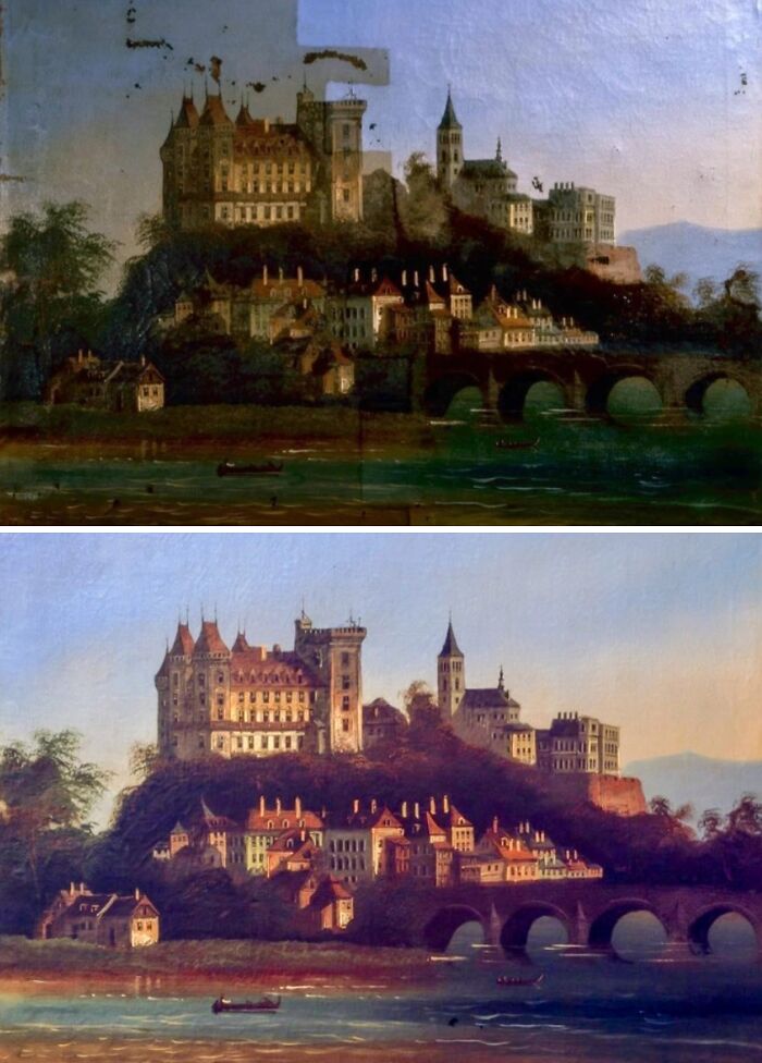 Before-and-after photos showing the restoration of a historical painting featuring a castle and village by a river.