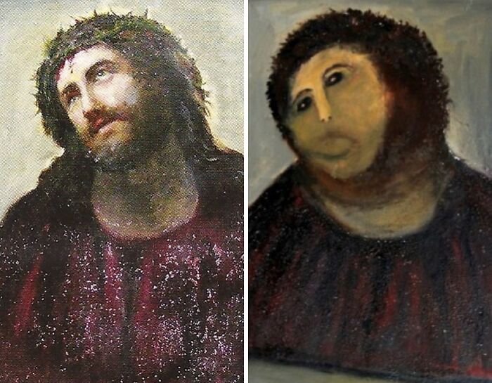 Side-by-side before and after photos showing a restored historical painting with significant visual differences.