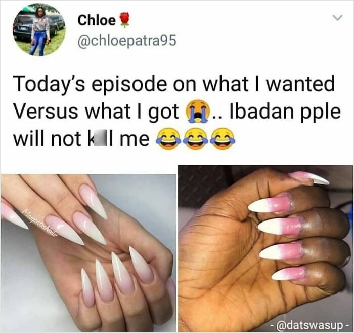 Comparison of what was ordered versus what was received showing a funny nail fail with mismatched manicure results.