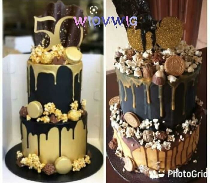 Two-tier black and gold drip cakes with popcorn and cookies, showing an amusing order versus reality fail.