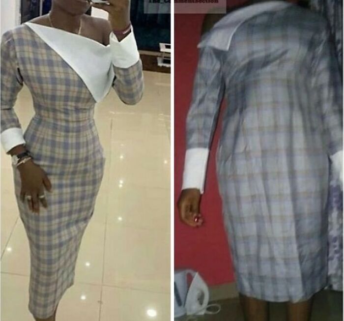 Side-by-side comparison of ordered versus received dress showing a clear hilarious fail in design and fit.