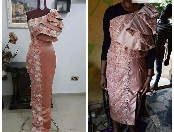 Side-by-side comparison of an elegant dress ordered versus a poorly made dress received showing hilarious fails.