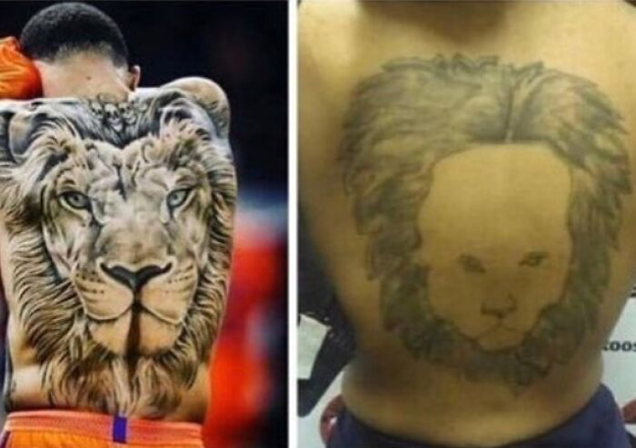 Comparison of a detailed lion tattoo ordered versus a poorly done lion tattoo received on a person's back, showcasing hilarious fails.