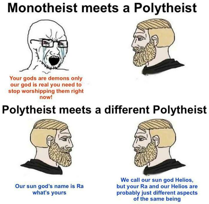Meme illustrating monotheist and polytheist interactions, useful for learning valuable history class content through humor.