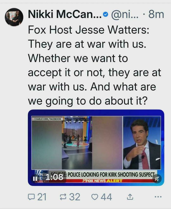 Tweet discussing a Fox News alert about police searching for a shooting suspect, reflecting chaotic good actions.