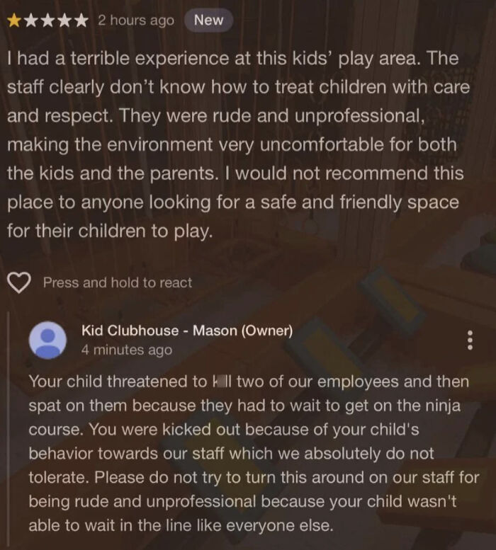 Customer review and brutal business comeback highlighting unprofessional behavior and staff response in a kids’ play area.