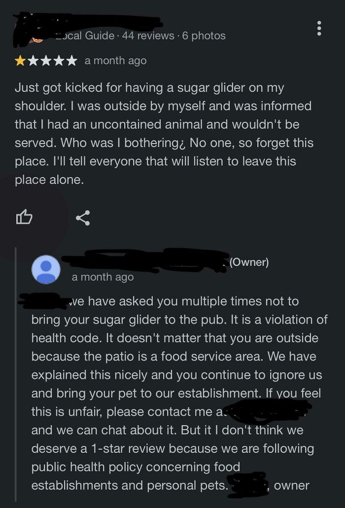 One-star review about bringing a sugar glider, followed by a brutal business comeback enforcing health code rules.