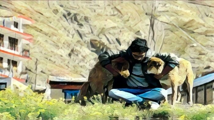 Man sitting outdoors with dogs, captured in street photography that reveals humanity in its purest form through the lens.