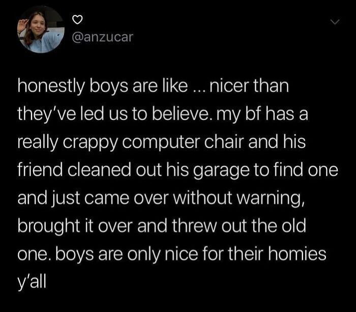 Tweet about boys being nicer than expected, showing wholesome relationship memes beyond relatable moments with friends and partners.