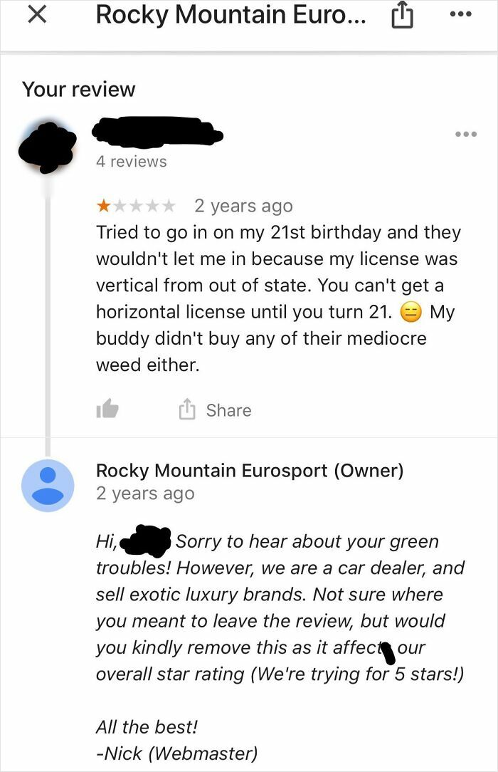 Customer leaves a confusing negative review, and business owner delivers a brutal comeback, showcasing sharp business comebacks.