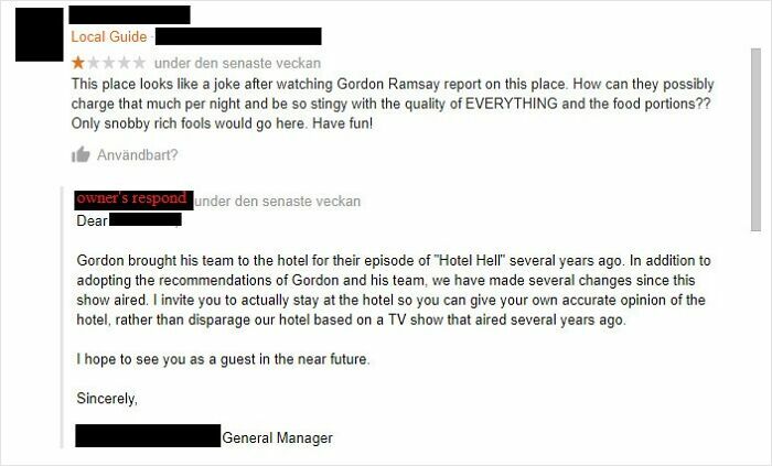 Screenshot of a business's brutal comeback to a negative review criticizing hotel quality, showcasing sharp customer response.