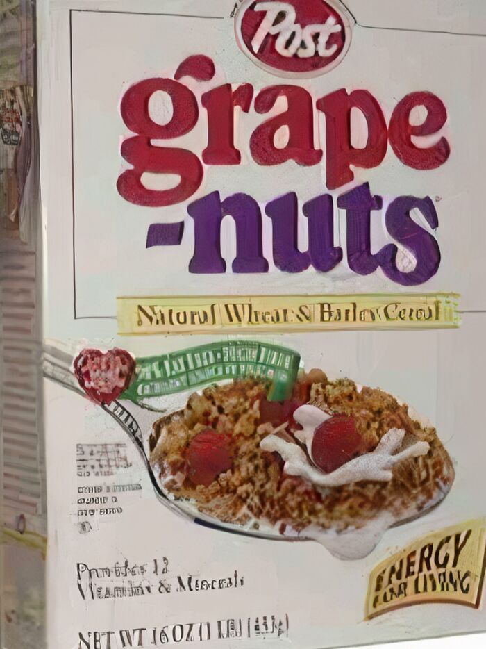 Post grape-nuts cereal box showing nostalgic breakfast cereal loved by many people recalling old age memories.