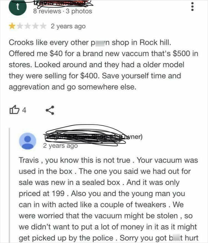 Screenshot of a brutal business comeback in a customer review dispute about vacuum pricing and condition.