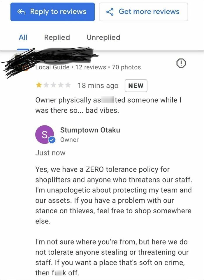 Brutal business comebacks to negative reviews, showing zero tolerance for shoplifters and threats to staff.