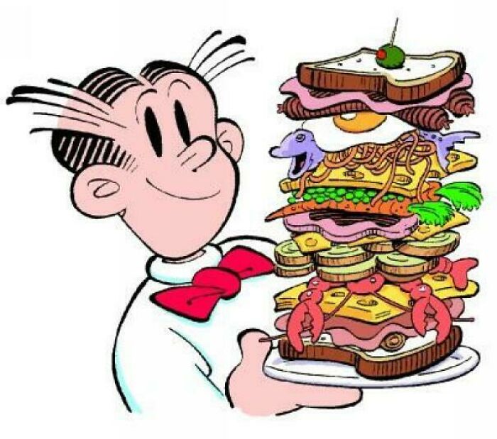 Cartoon character holding a towering sandwich with quirky layers, illustrating nostalgia in posts that make you feel old.
