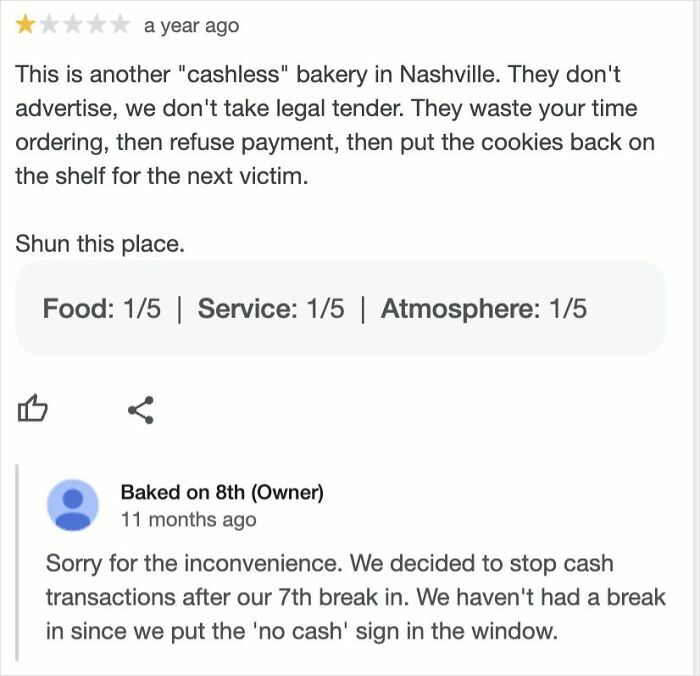 Customer leaves harsh review for bakery, owner delivers brutal comeback addressing cashless policy and break-in incidents.
