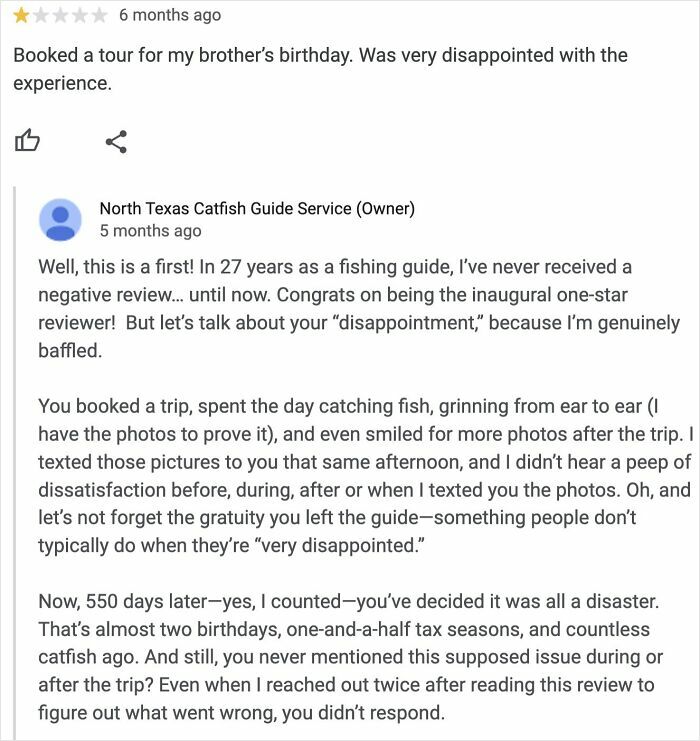 One-star review and brutal business comeback from North Texas Catfish Guide Service after a disappointed customer experience.