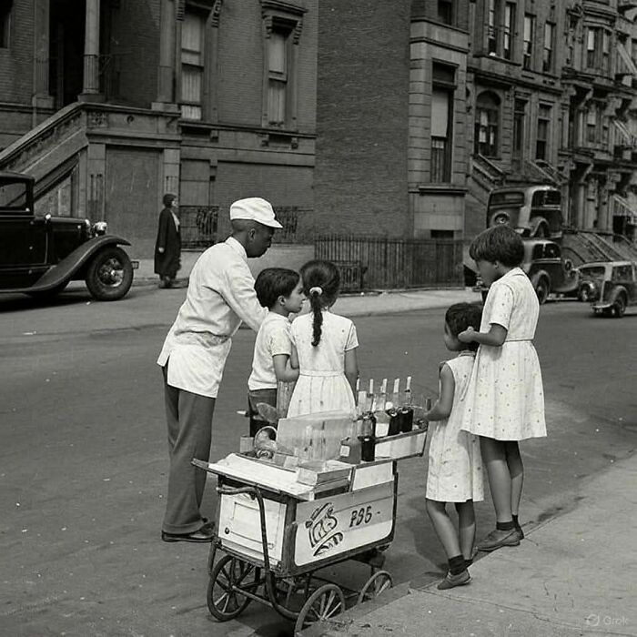 Black and white photo showing people’s lives from a different time with children buying soda from a street vendor.