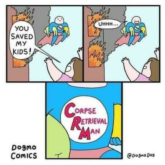 Comic strip showing a hero saving kids but revealing a bizarre corpse retrieval man costume in a funny and cursed image.