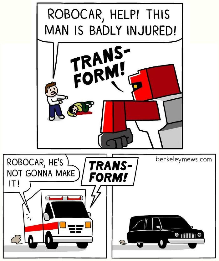 Comic of a robot and ambulance transforming, humorously combining holy rescue and cursed bizarre images.