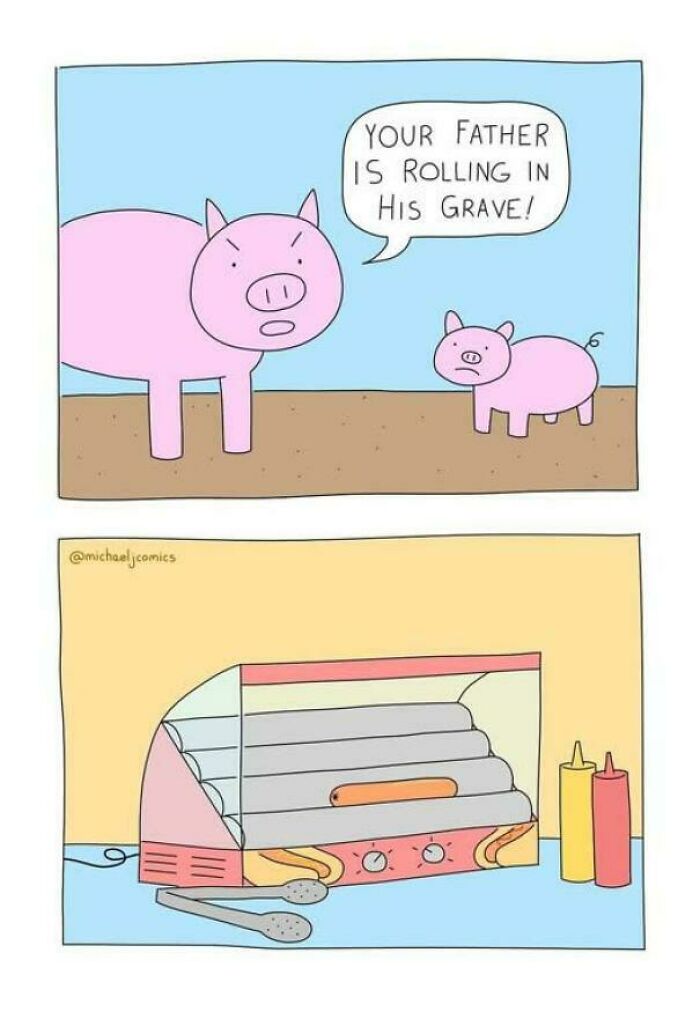 Cartoon pigs with one saying your father is rolling in his grave and a hot dog roller heating a sausage.