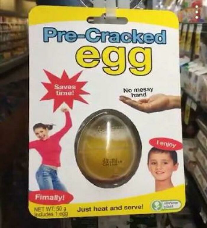 Pre-c*****d egg product packaging showing a raw egg in a plastic shell, highlighting convenience in funny and bizarre images.