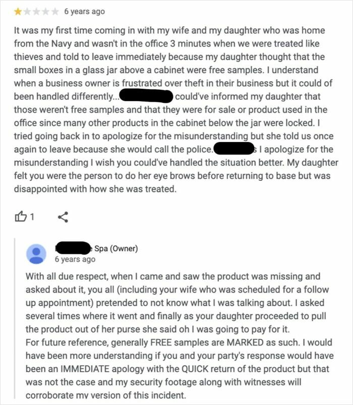 Customer review and brutal business comeback detailing a dispute over free samples and misunderstanding in a spa.
