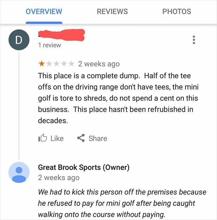 One-star business review calling the place a dump with a brutal owner comeback about unpaid mini golf fees.