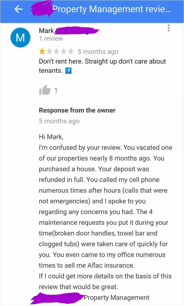 Property management brutal comeback to a harsh tenant review addressing false claims and resolved maintenance requests.