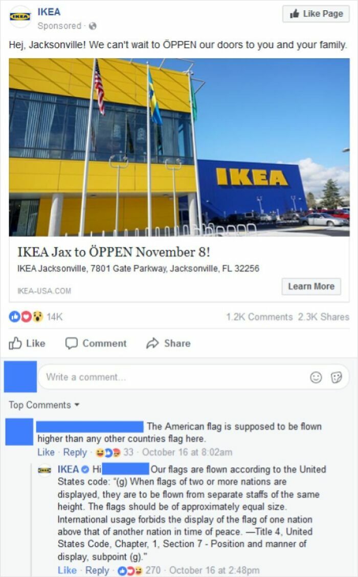 IKEA business comeback about flag display rules in response to customer comment on social media post.