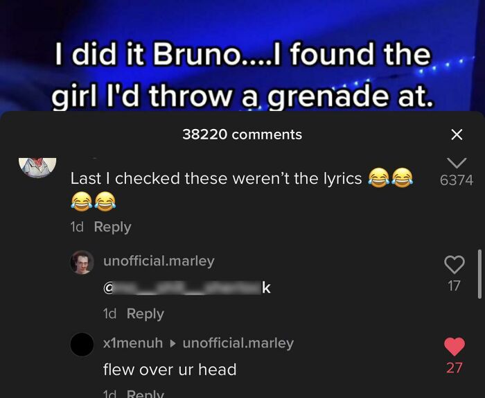 TikTok screenshot showing a humorous comment thread about misunderstood lyrics and user reactions.