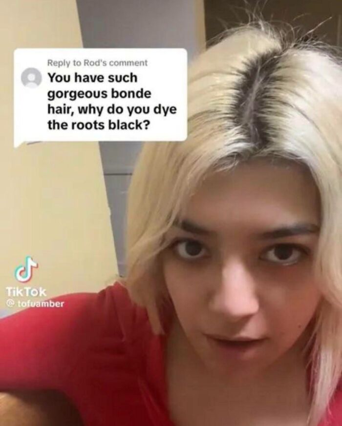 TikTok screenshot showing a user with blonde hair and a comment about dyeing roots black in a viral post.