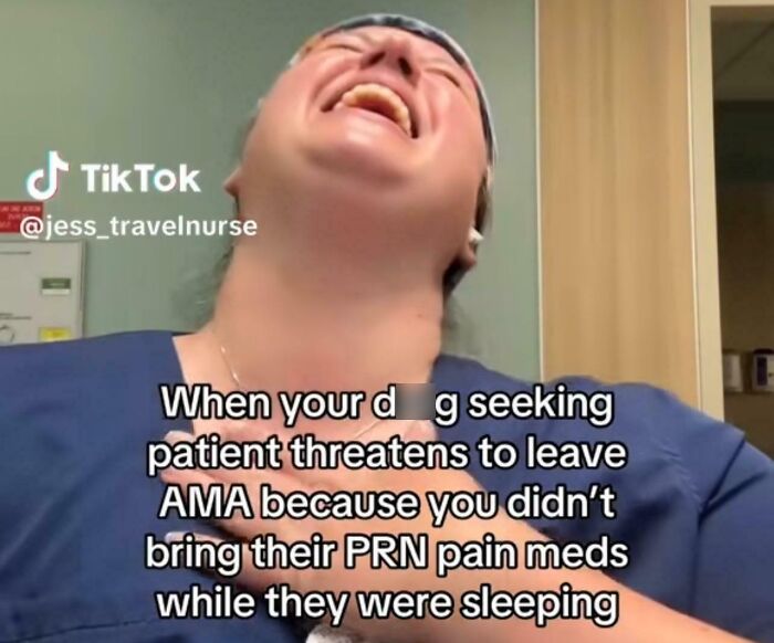 TikTok screenshot showing a nurse reacting to a patient's pain meds issue, related to TikTok screenshots that feel smart.