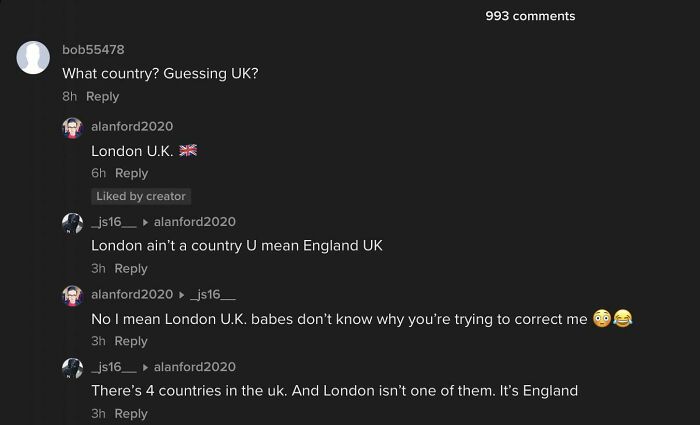 TikTok screenshot showing a comment debate about whether London is a country or part of the UK.