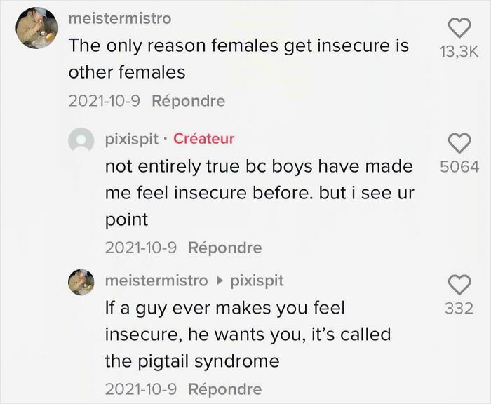 TikTok screenshot showing a conversation about insecurity and the pigtail syndrome from viral TikTok comments.