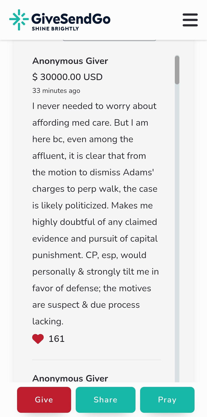 Anonymous giver donates $30,000 on GiveSendGo, expressing doubt about politicized case and supporting due process rights.