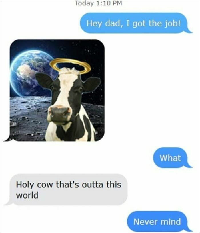 Text message exchange showing a funny parent reply with a cow and halo image, highlighting funniest parents humor.