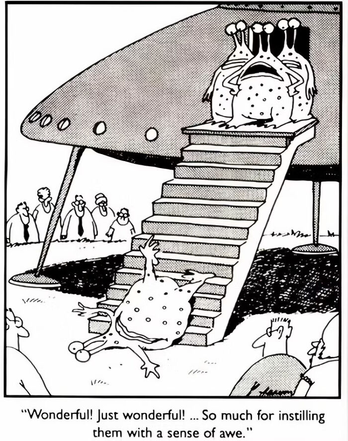 Cartoon of aliens with stairs falling down spaceship ramp, humorously capturing nostalgia and making you feel old as heck.
