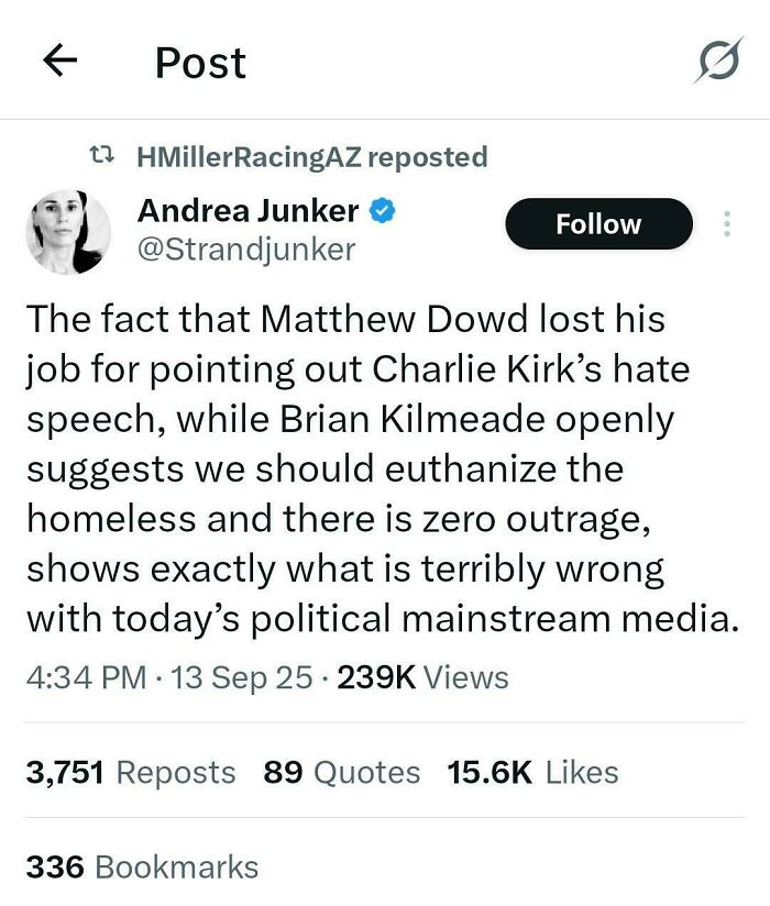 Screenshot of a bold tweet criticizing political mainstream media, highlighting controversial opinions and public reactions.